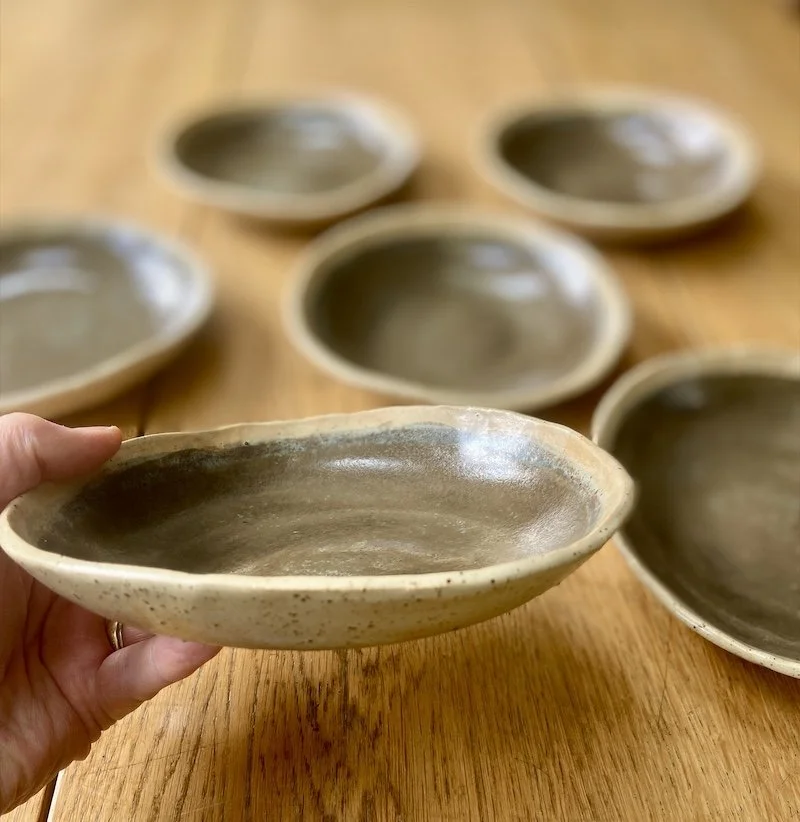 grey brown and speckled oatmeal shallow bowls hand made slabbed unique buff stoneware