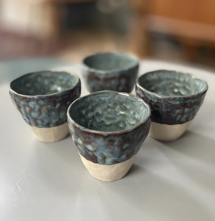 Blue textured handmade pinched coffee cups stoneware