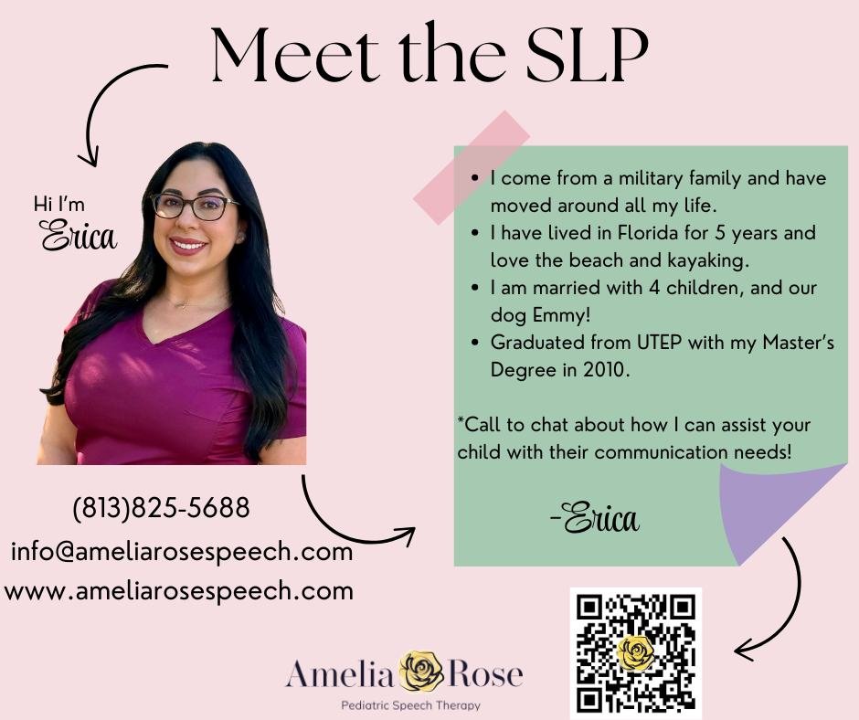 Hi, I&rsquo;m Erica-Your child's Speech-Language Pathologist and the Owner of Amelia Rose Pediatric Speech Therapy.

I specialize in helping children with their speech and language development. If you&rsquo;re a parent looking for support and persona