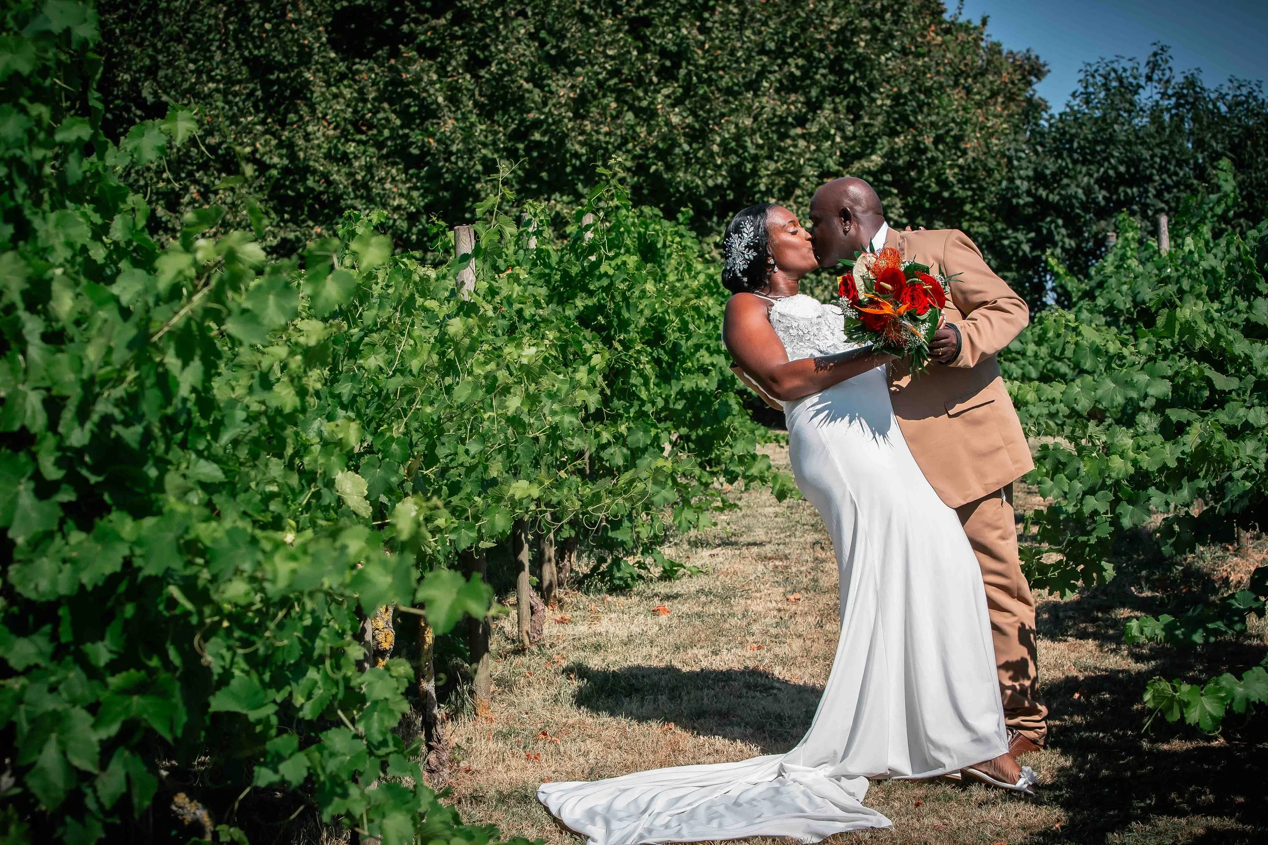 Un couple lors d'un mariage romantique dans un vignoble, partageant un baiser. La femme porte une robe de mariée blanche et tient un bouquet de fleurs rouges, tandis que l'homme porte un costume beige. Ils sont entourés de vignes vertes avec un ciel 