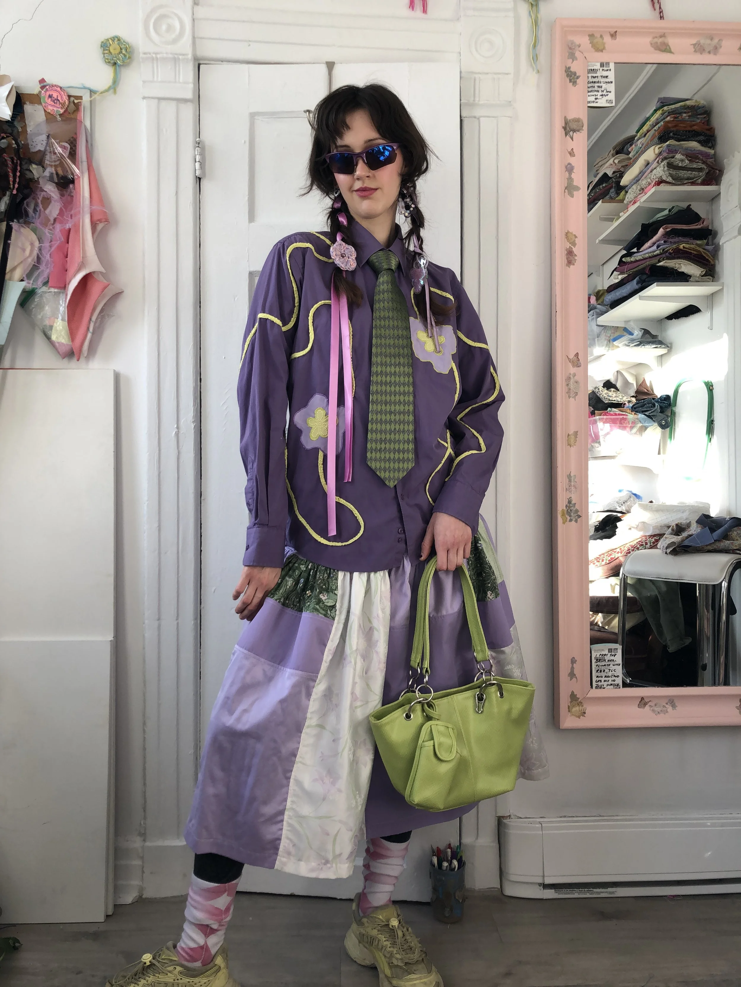 Button Down Shirt Skirt - Purple/Green - 32"