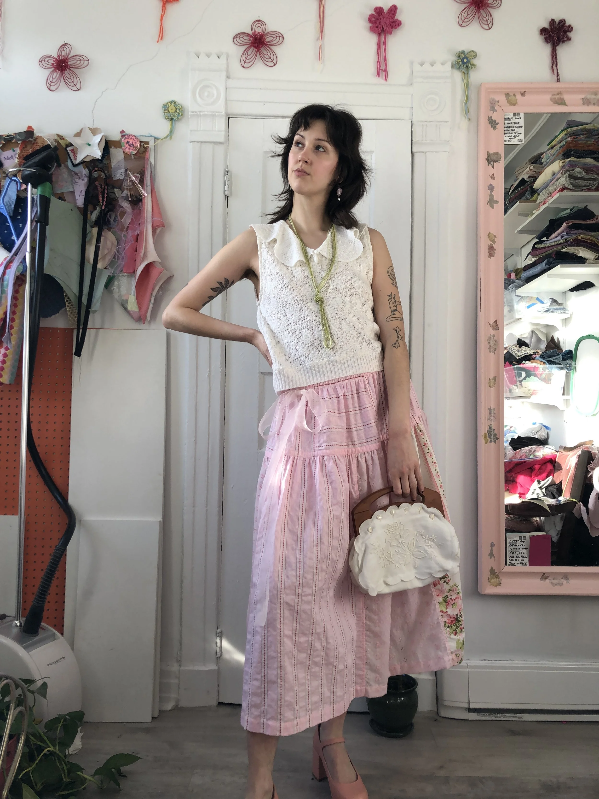 Patchwork Gathered Skirt - Pink Gingham - 36"