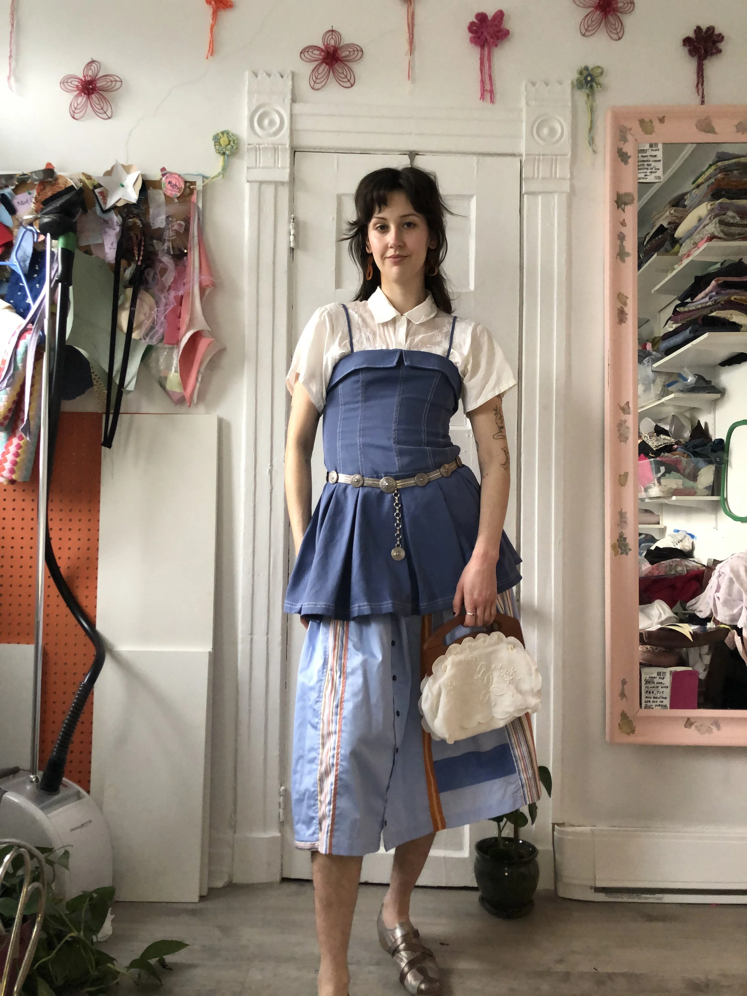 Button Down Shirt Skirt - Blue/Orange - 28"