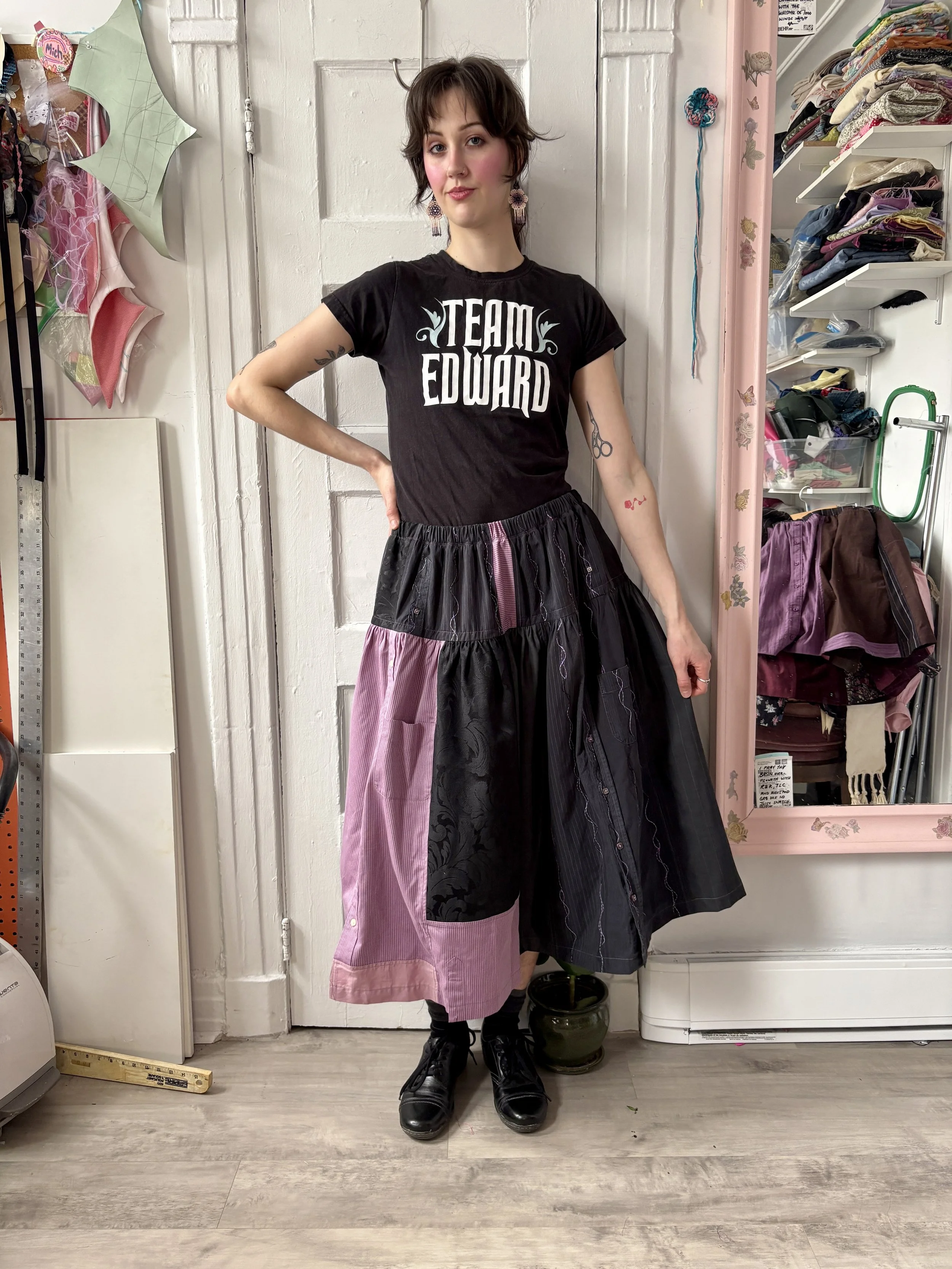 Button Down Shirt Skirt - Purple/Grey/Black - 36"