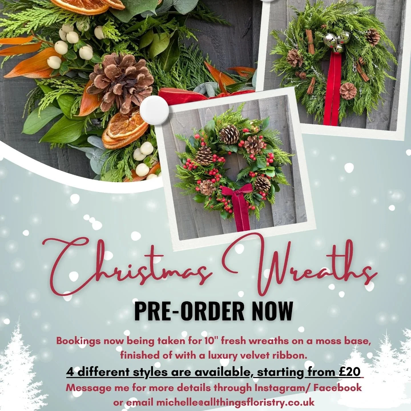 ⭐ NOW AVAILABLE FOR PRE-ORDER ⭐
10" Christmas Wreaths - 4 design options
*Deposit required
*Limited slots available
*DM to secure a booking
Collection/Delivery from Newton-le-Willows
Postal Delivery is Available, but you will be charged on to