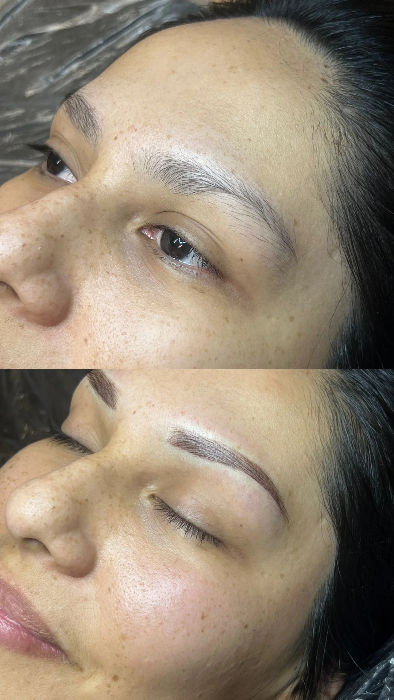 Close-up of a woman's face before and after eyebrow microblading procedure. The top image shows natural, sparse eyebrows, and the bottom image shows newly shaped, filled-in eyebrows.