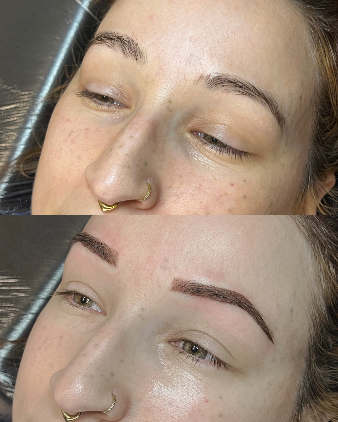 Close-up of a woman's face showing before and after eyebrow microblading treatment.