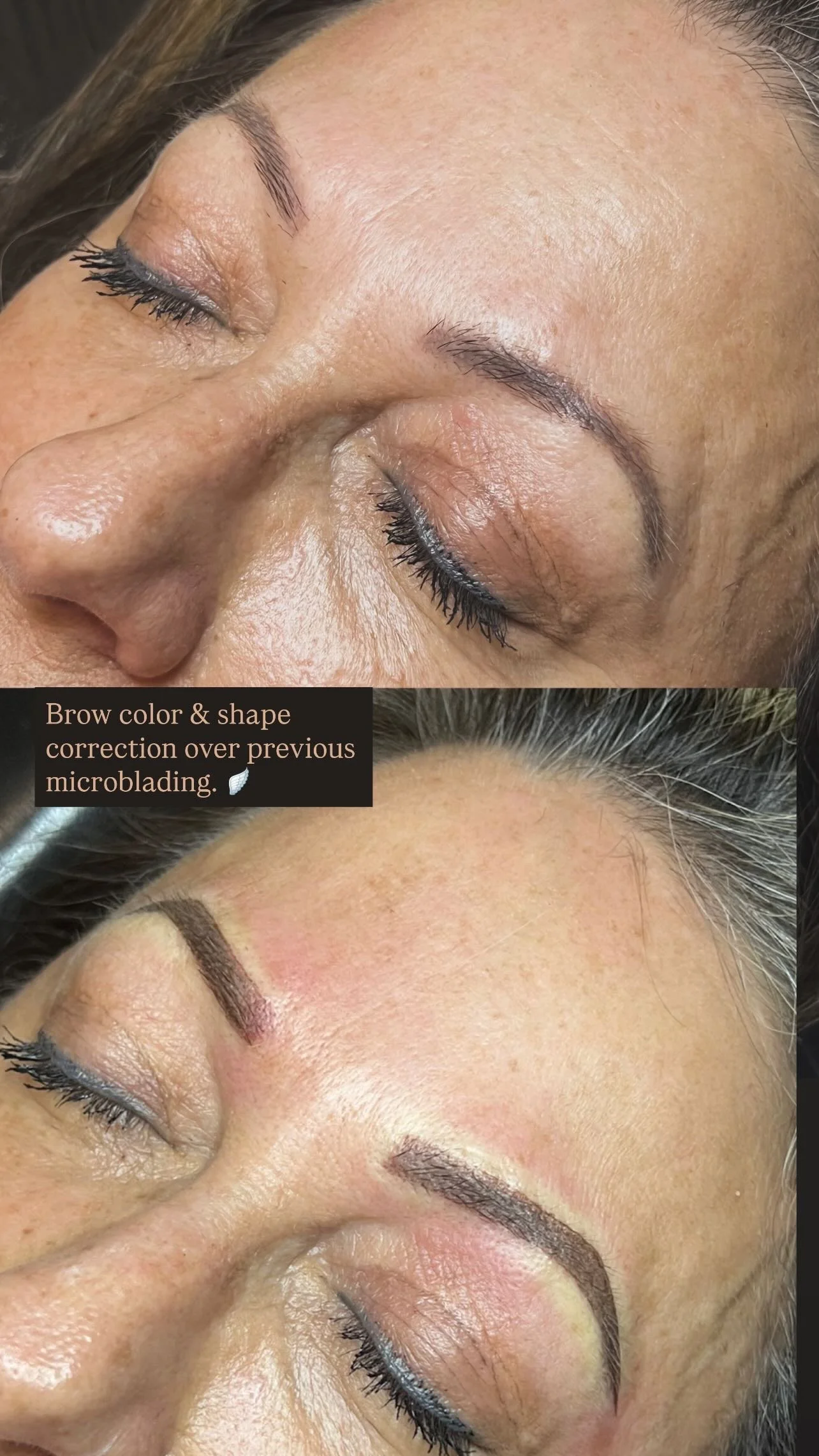 Close-up of a woman's face showcasing eyebrow microblading before and after correction, with the top image showing natural eyebrows and the bottom image showing newly improved, fuller eyebrows.