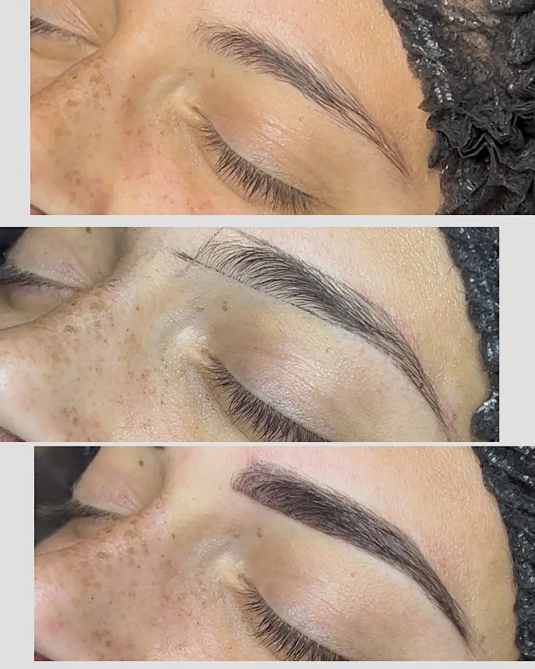 Close-up images of a woman's eyebrow transformation, showing before, during, and after powder brow treatment  on her right eyebrow.