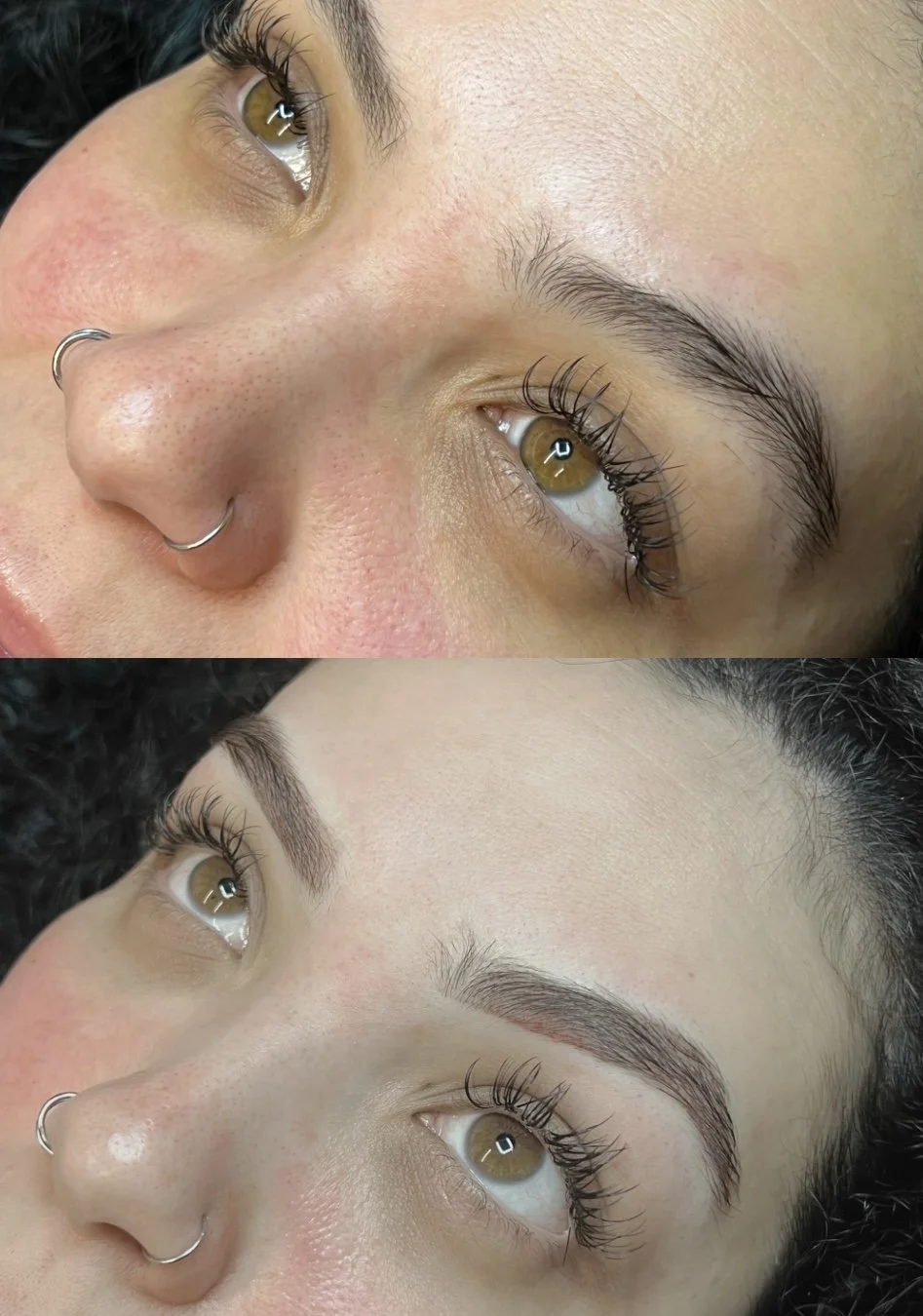 Close-up comparison of a woman's face before and after eyebrow enhancement, showing the eyebrows filled in and shaped.