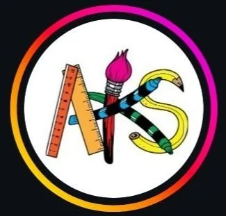 The word 'ART' with art supplies as letters, including a ruler, paintbrush, and paint tube, on a white background with a multicolored circular border.