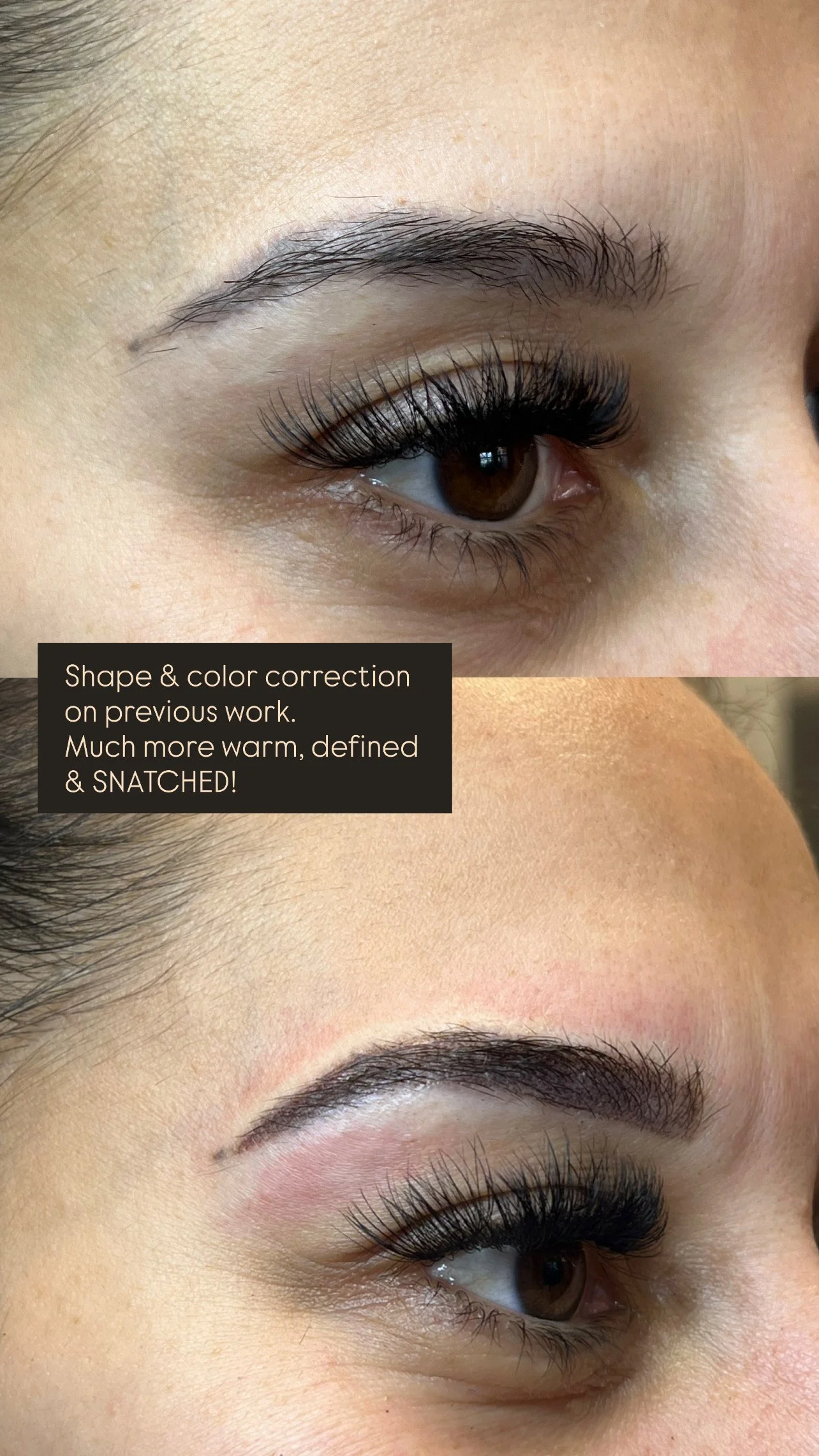 Close-up of a woman's eye with makeup, showing darker eyeshadow and defined lashes, illustrating shape and color correction.