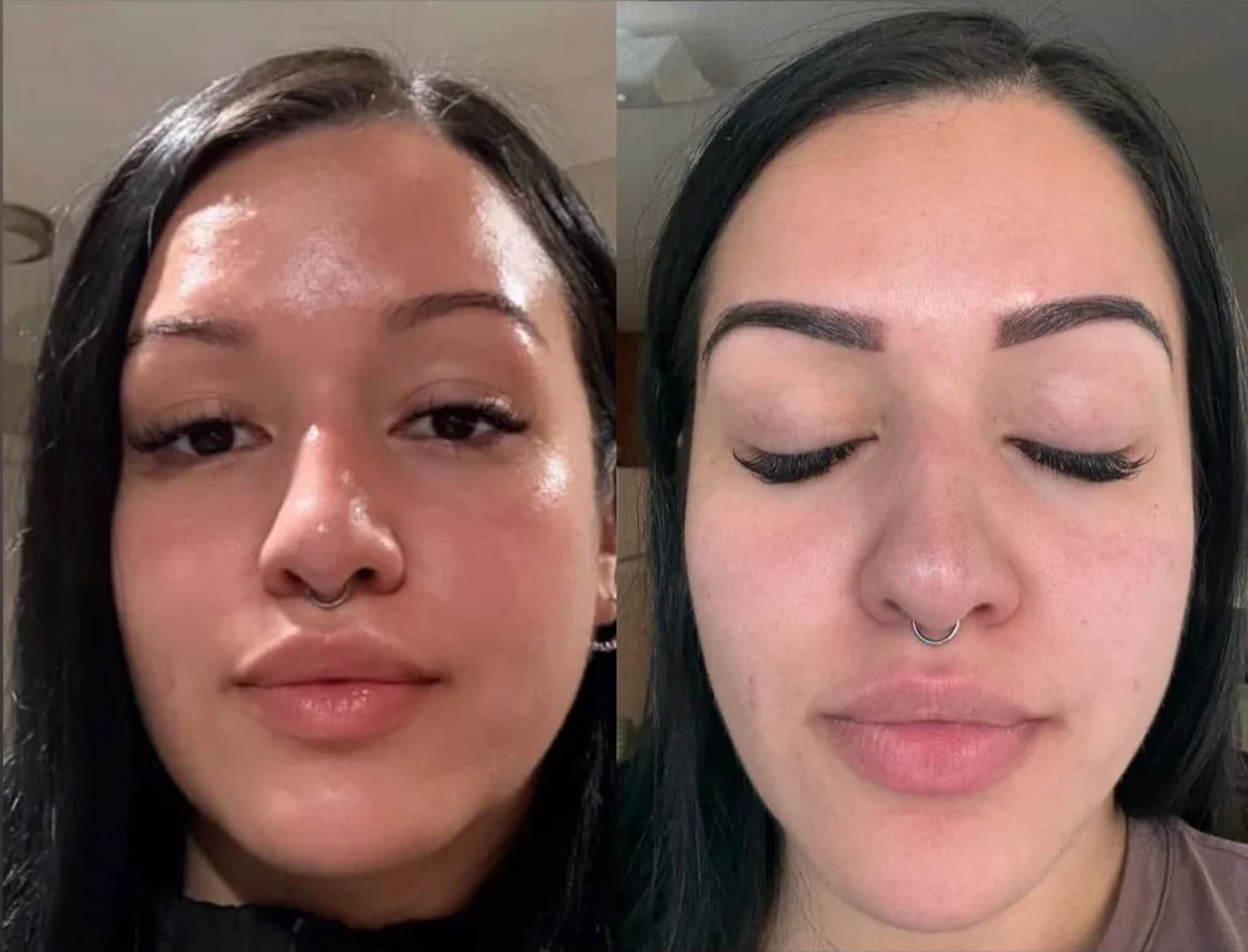 Side-by-side comparison of a woman before and after eyelash extensions and makeup.