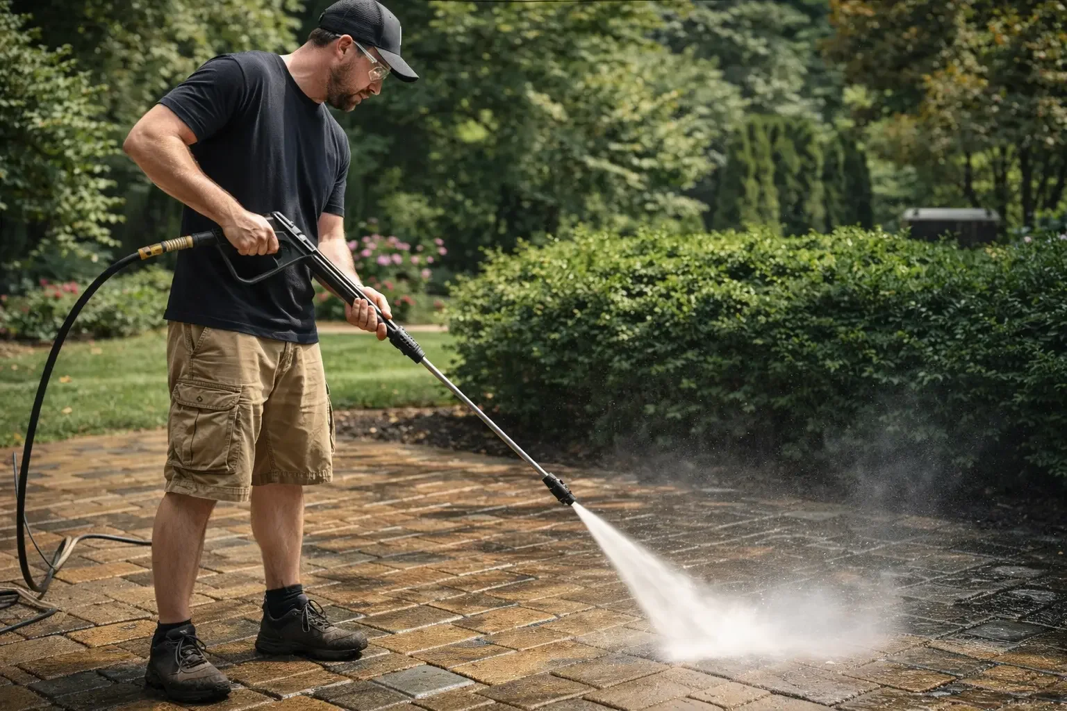 Man pressure washing patio