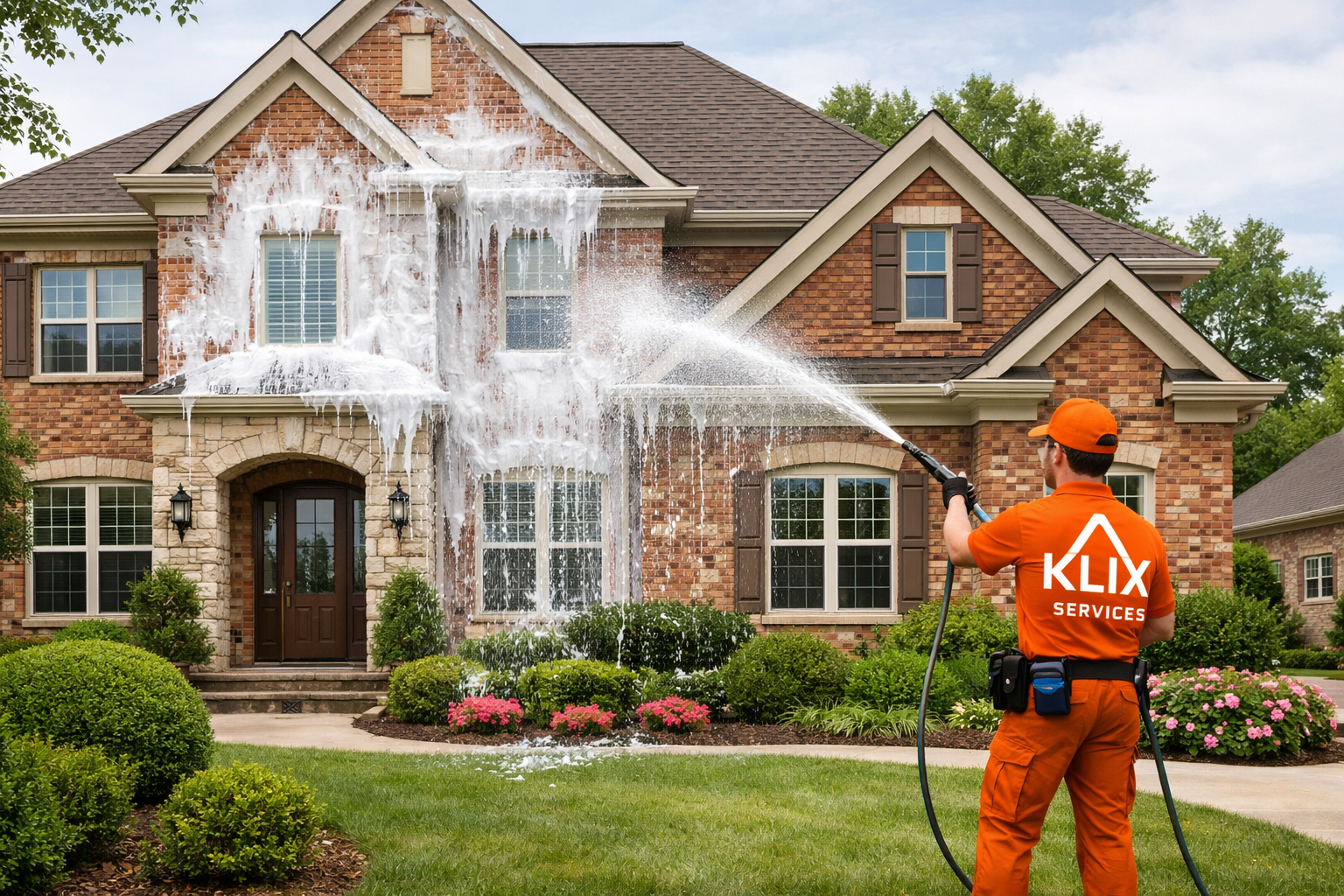 Klix services worker soft washing house in Thunder Bay