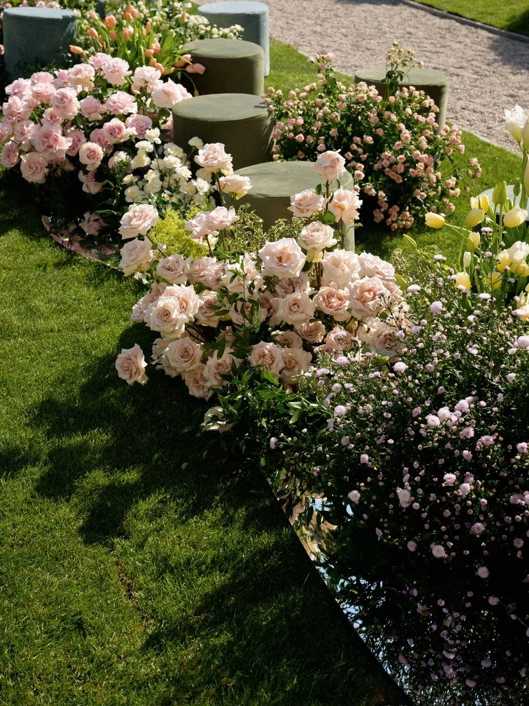 Blush garden roses and lilac asters reflected in a mirrored stream