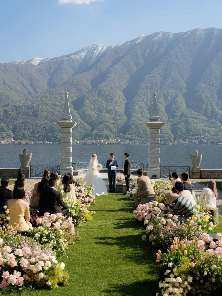 Lakeside wedding ceremony between stone pillars with guests seated among spring flowers
