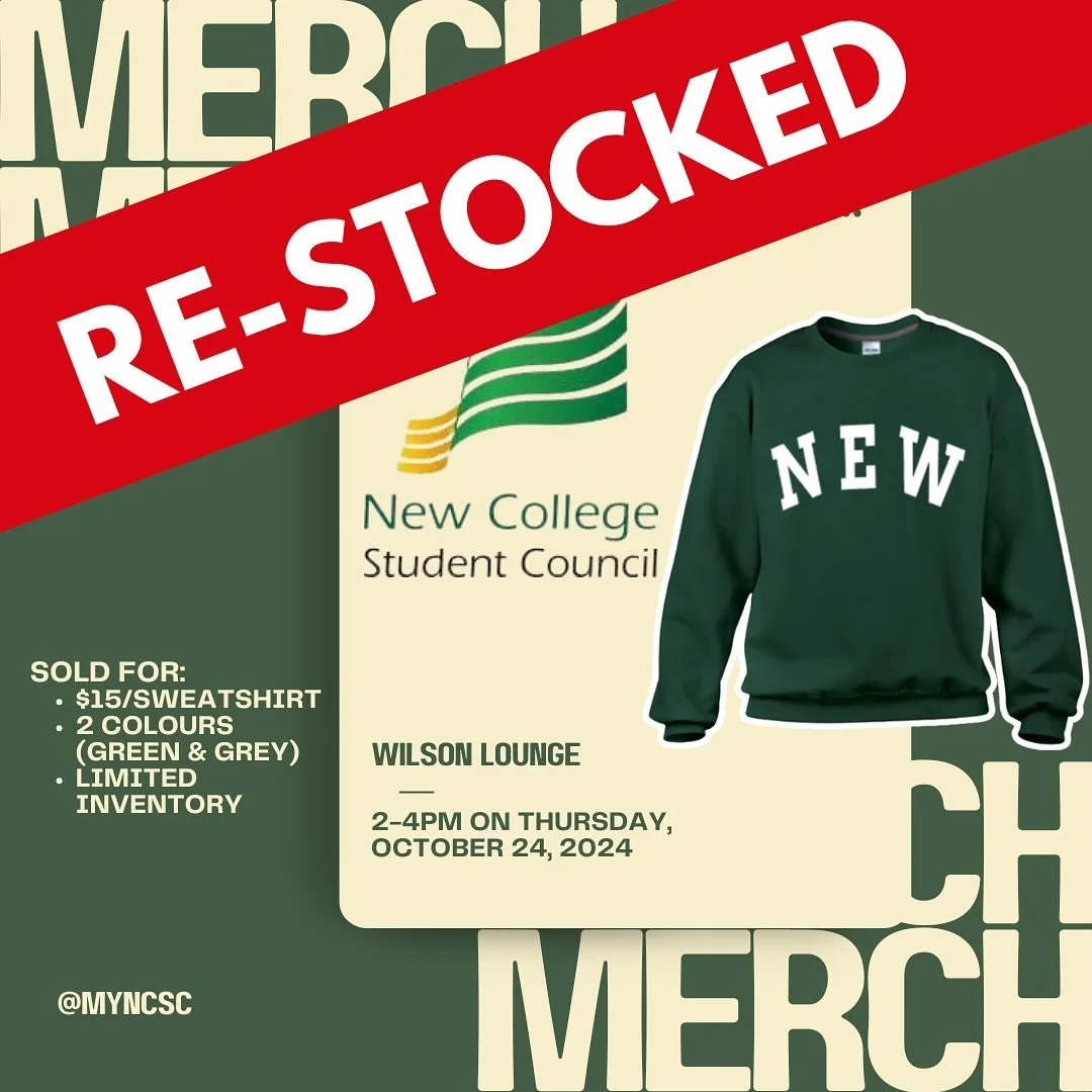 Hey New College! 🎉 Our green sweatshirts are BACK IN STOCK! 💚 Don&rsquo;t miss your chance to grab one, along with our classic grey sweatshirts. 🐰

🗓️ When: Thursday, October 24th 
📍 Where: Wilson Lounge 
⏰ Time: 2-4 PM 
💸 Prices: $15

Get your
