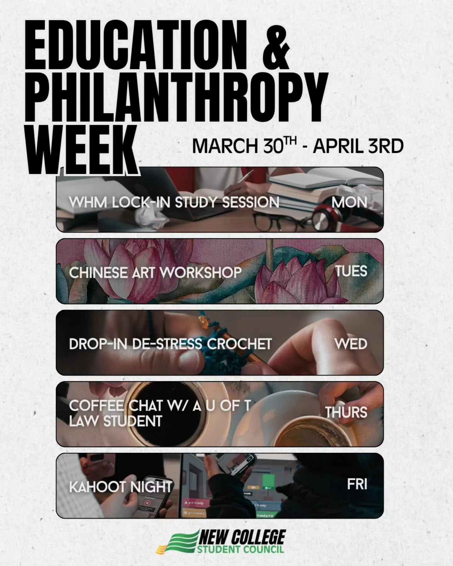 👩&zwj;🏫 Manifesting a productive (but actually fun) week for all of us 👩&zwj;🏫 

NCSC presents Education &amp; Philanthropy Week! A week of events to help you level up your academics while keeping your social battery charged. 

​From locking in f