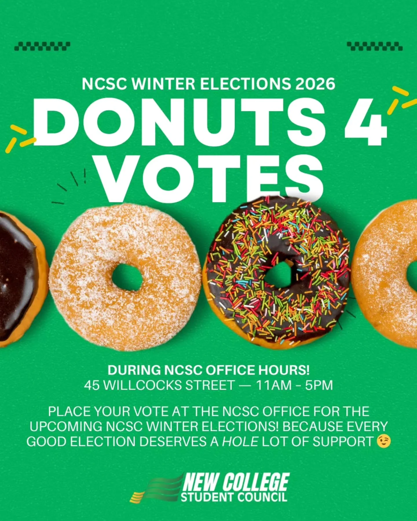 📢 Do your part, Come Vote! 📢

Attention New College: Looking to cast your vote? Visit our table at Wilson Lounge, this Friday 11 AM-5 PM and help us hear your voice. 

Free donuts provided for those who vote! 😋🍩

You can also find the voting link