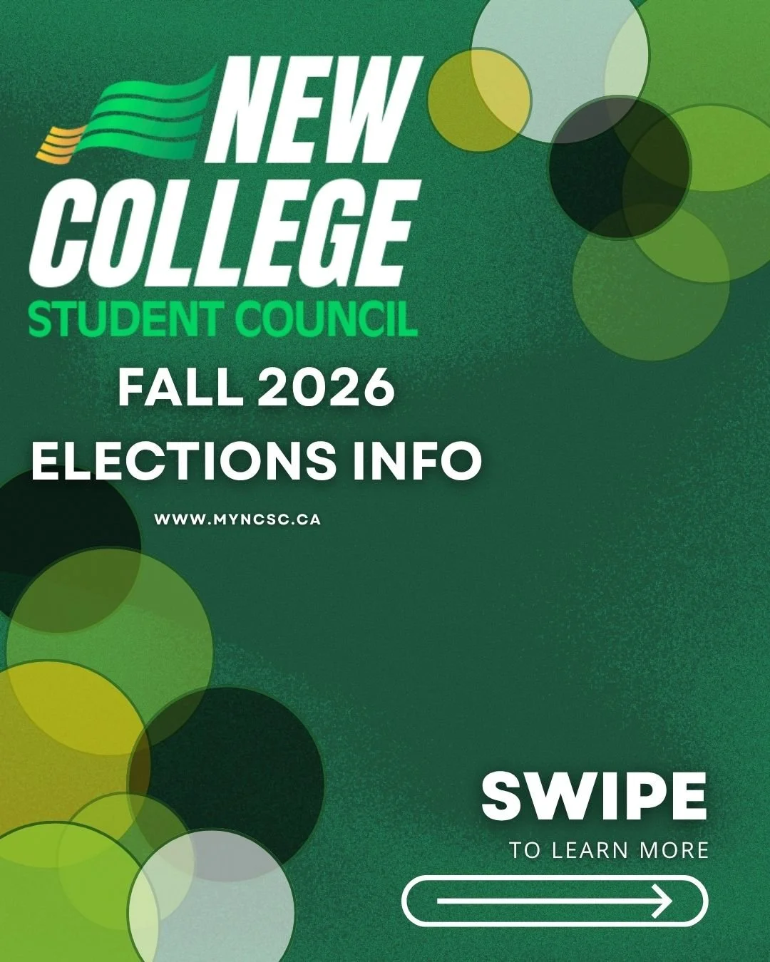 Hey New College! Ready to join our team?

💚The 2026-2027 NCSC Fall Elections will be starting next Monday!!💚 

💛Swipe to know more about the important dates, deadlines and more!!💛

For any questions, reach out to us on cro@ncsc.ca or send us a qu