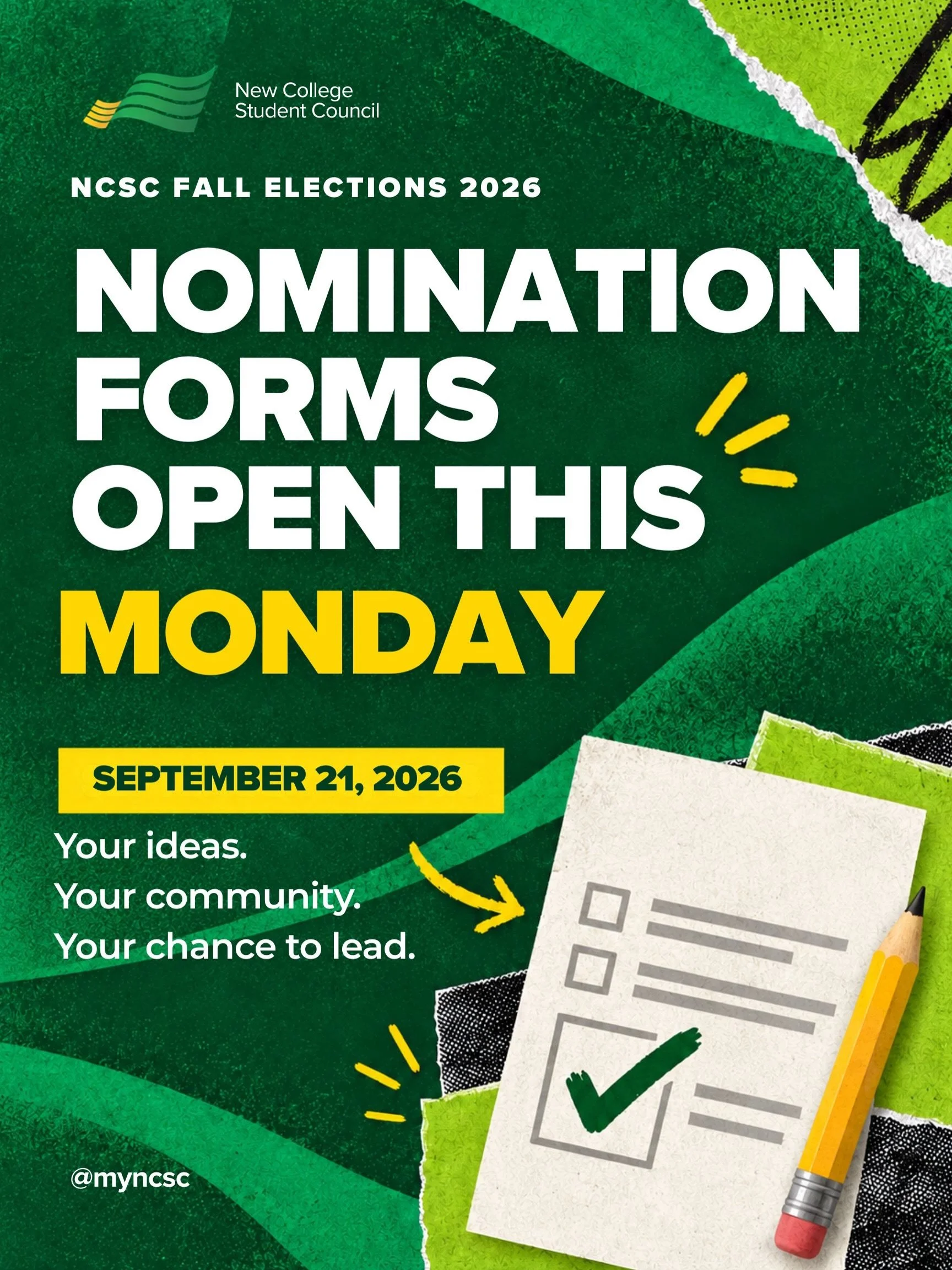 Hey New College📣🤓

The fall 2026 election nomination forms open NOW!!

Here are the open positions:
- First Year Rep (2) 
- Mid Year Rep (1)
- International Foundation Program Rep (1) 
- Off Campus Rep (2)
- Social Commissioner (1) 
- Mental Health