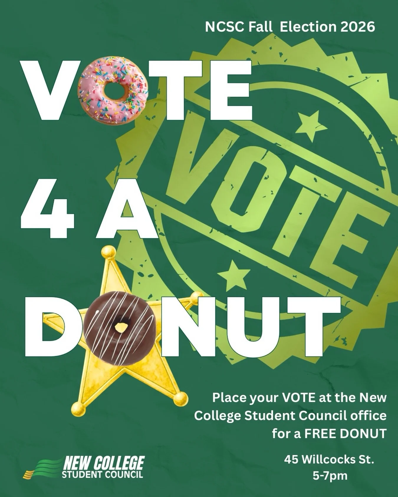 📢 Do your part, Come Vote! 🗳️

Attention New College: Looking to cast your vote? Visit us at NCSC today at 5-7pm

Free donuts provided for those who vote! 😋🍩

You can also find the voting link in the recent email sent to your utoronto emails. 

?