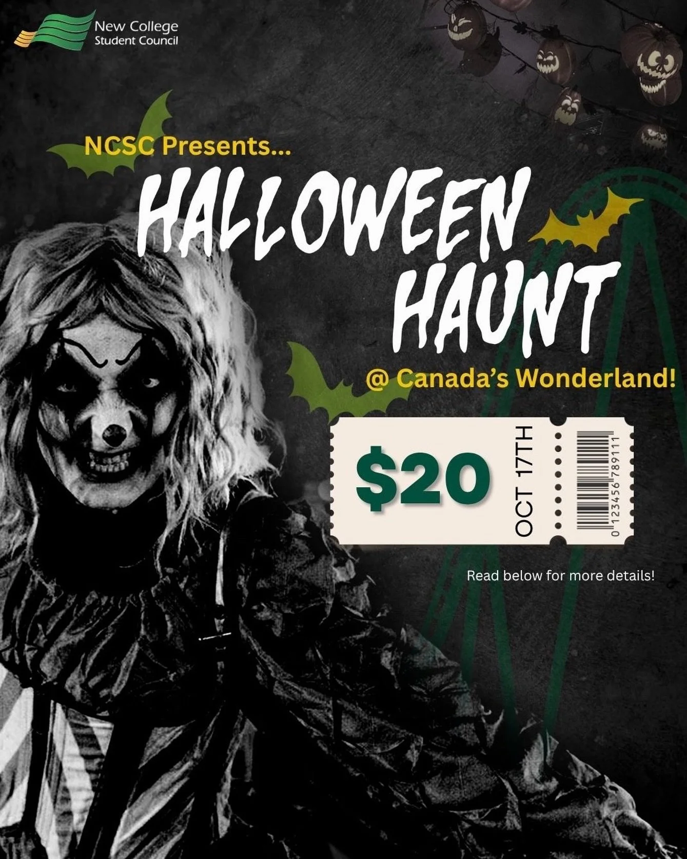 🎃 Are you ready for Halloween? 🎃

New College is taking over Canada&rsquo;s Wonderland on Saturday, Oct 17 and you do not want to miss this night of thrills, chills, and haunted times 👻

We&rsquo;ve only got 150 tickets total!
🎟️ Ticket price: $2