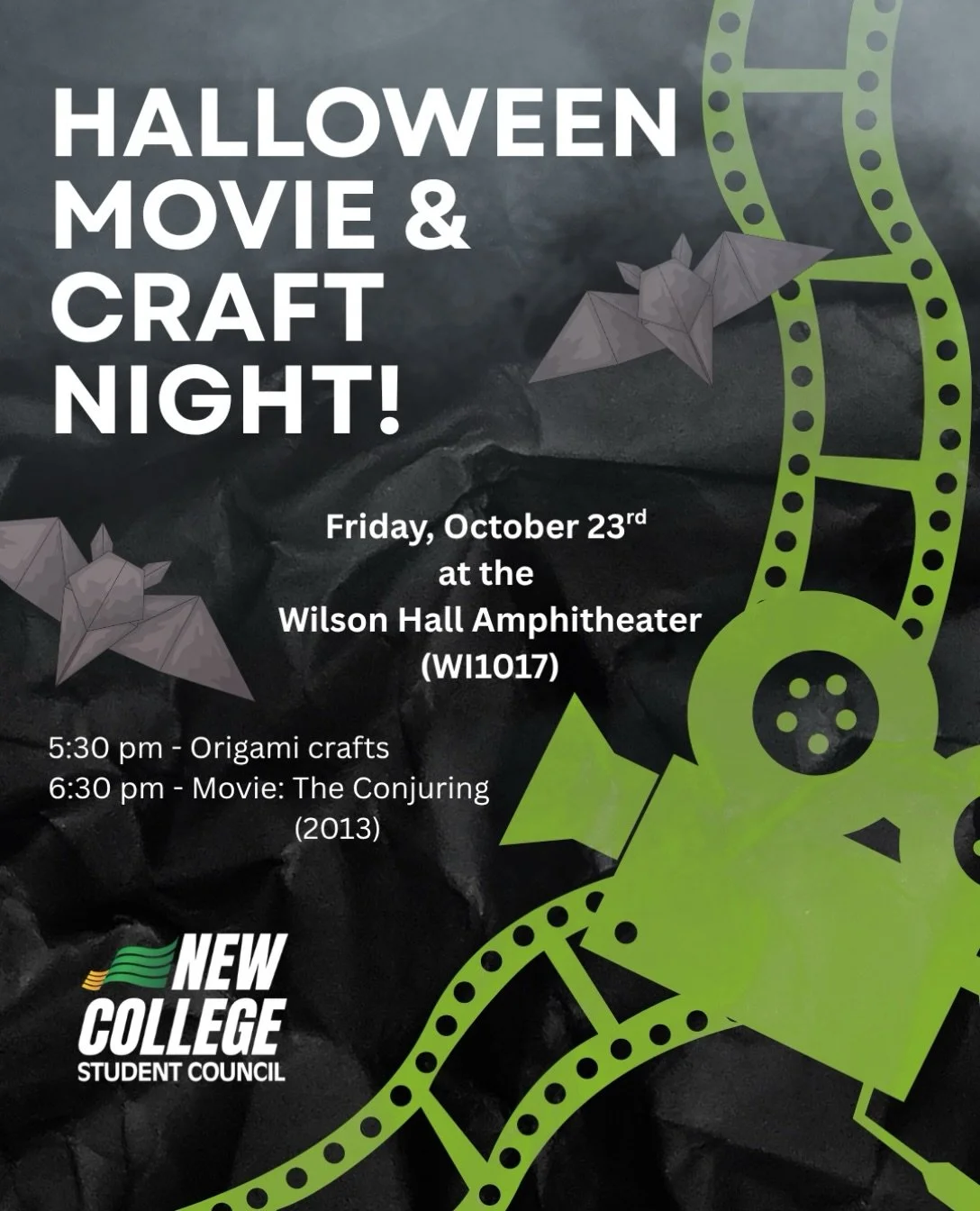 🍿Halloween Movie &amp; craft Night is coming soon 🎥
 
😆Origami crafts will be happening at 5:30pm
🎬 Movie: The Conjuring (2013), start at 6:30pm

🍿🍬Candy, popcorn, and an assortment of drinks available. The event is free and open to all New Col