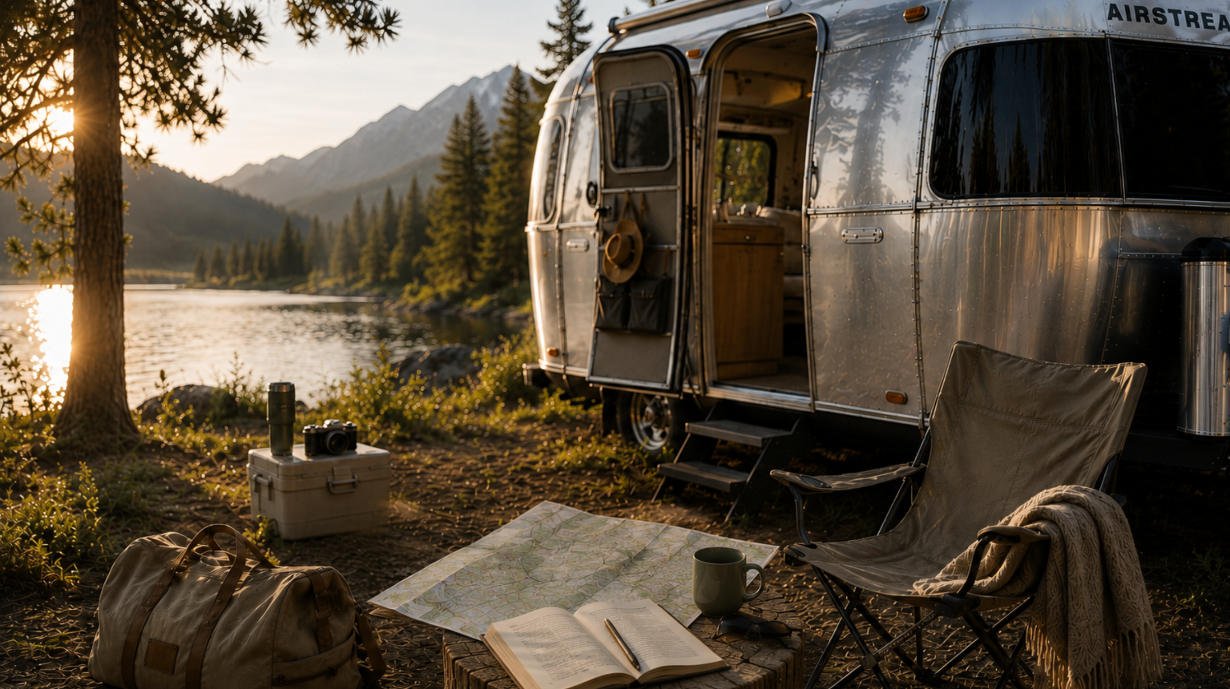 Airstream travel trailer beside a mountain lake with a travel map, coffee mug, camp chair, and weekender bag, showcasing summer travel essentials for road trips, camping, and RV travel.