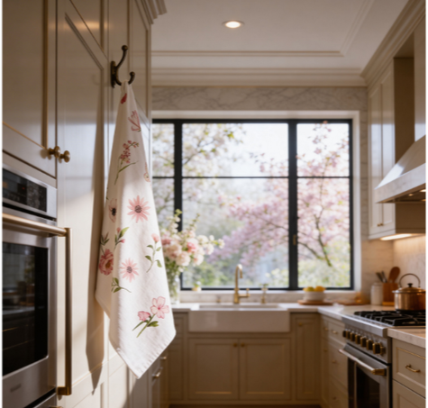 Floral cotton tea towel with soft pink botanical design hanging from a kitchen hook, styled near a window overlooking blooming garden flowers.