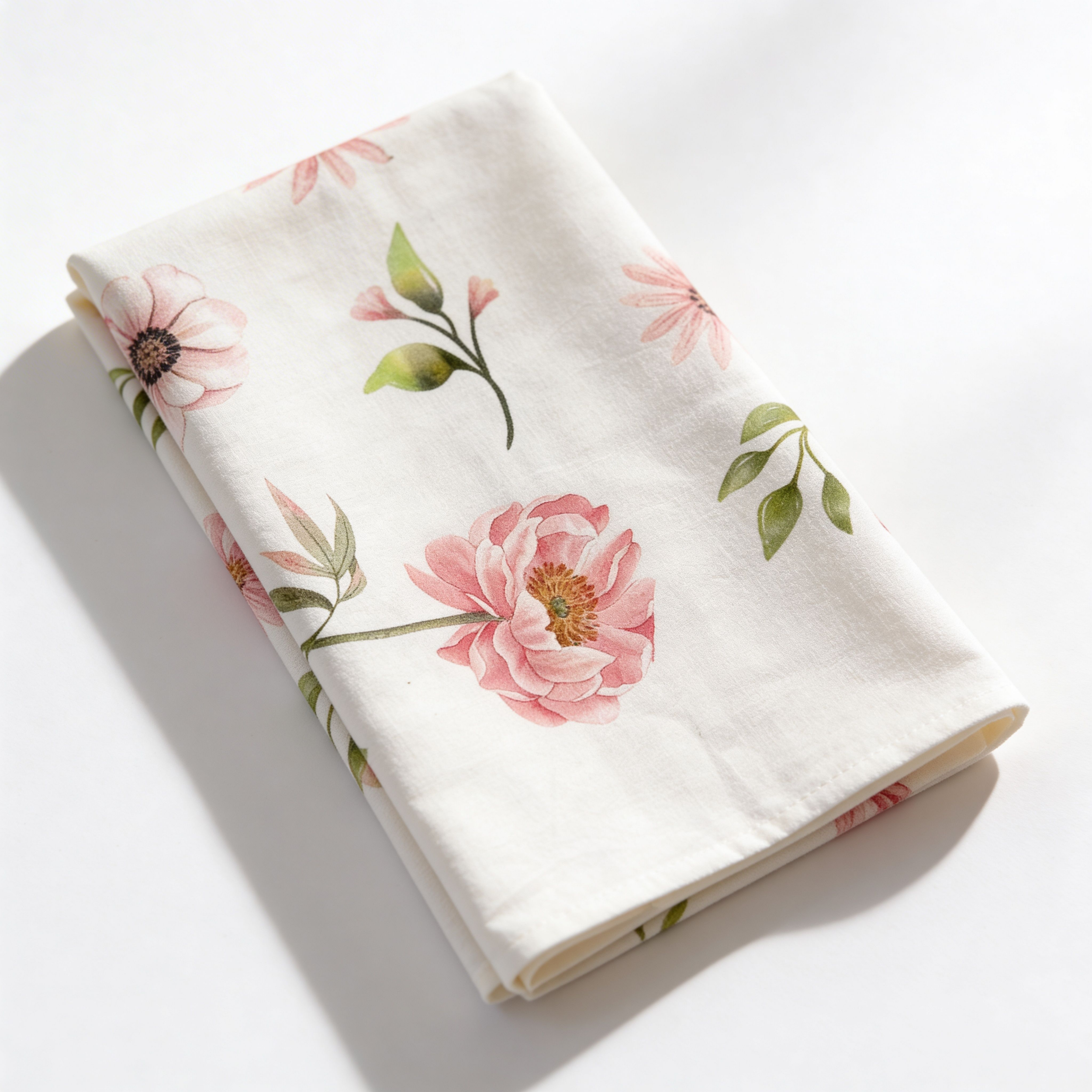 Floral cotton tea towel featuring soft pink florals in an all-over botanical pattern, styled flat on a white background.