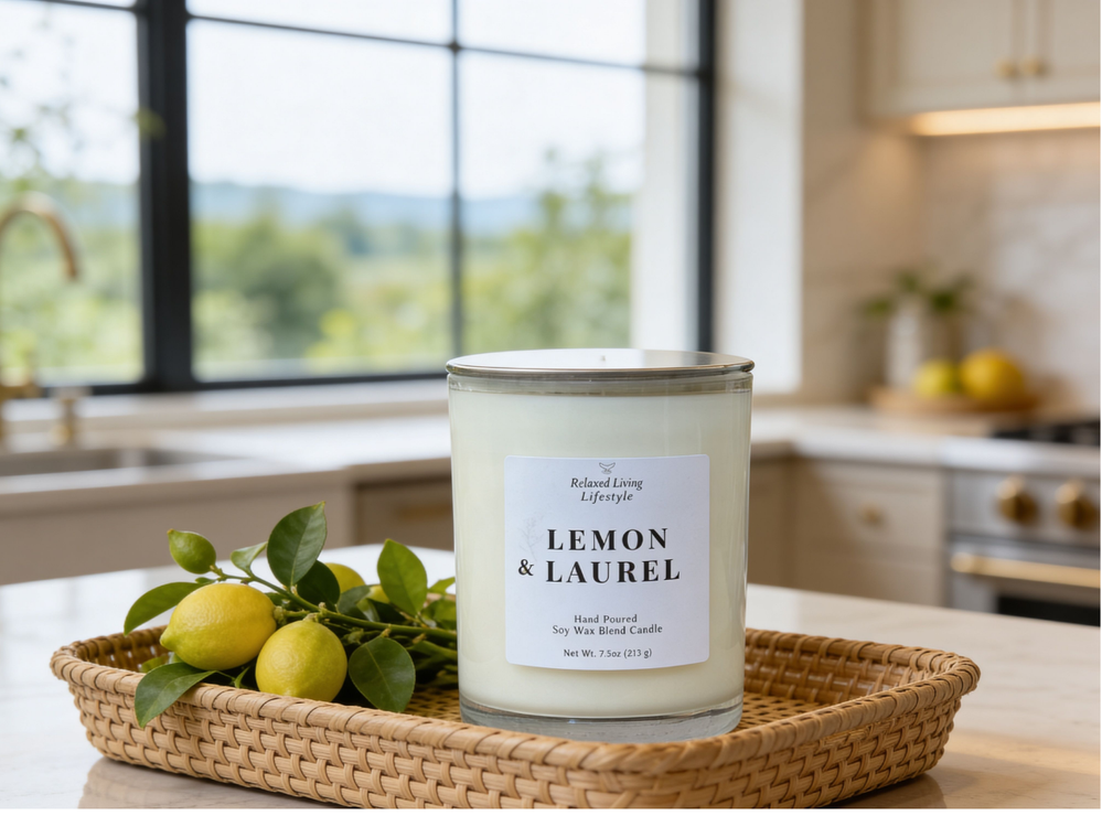 Lemon & Laurel soy candle 7.5 oz styled in woven tray with fresh lemon and greenery, luxury kitchen window background with soft natural light and blurred greenery view