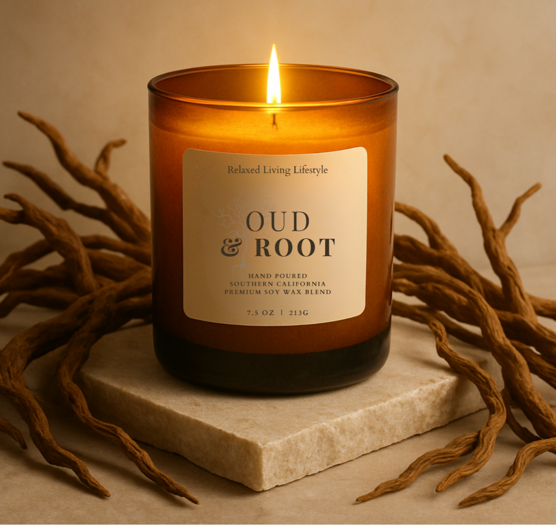 Oud & Root soy blend candle with notes of tonka, oud and balsam, photographed in a warm, earthy office background setting.