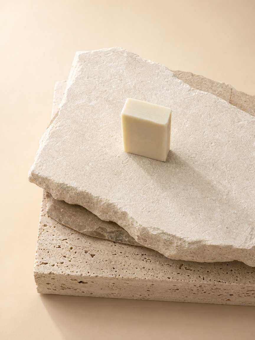 Handcrafted cream soap bar displayed on layered natural travertine stone against a warm beige backdrop