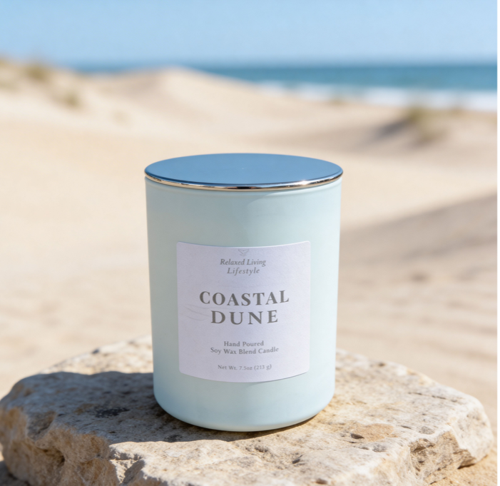 Coastal Dune soy candle with lid displayed on a textured stone tray, set against a blurred view of sand dunes and distant ocean, creating a soft coastal atmosphere with a clean, elevated aesthetic