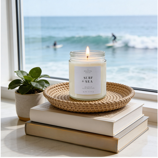 Surf & Sea soy candle styled on a rattan tray atop decorative books with a blurred ocean and surfers outside the window, coastal home decor and beach-inspired candle display