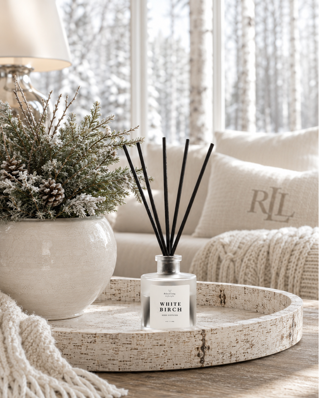 White Birch reed diffuser displayed in a birch wood tray with decorative books and winter greenery on a styled coffee table, featuring a snowy view of birch trees through the window in the background.