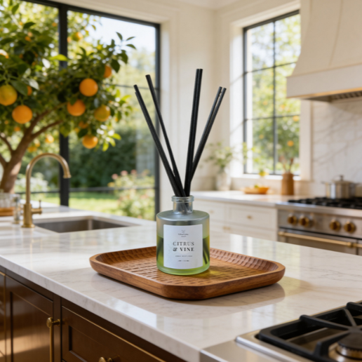 Citrus & Vine reed diffuser with notes of bergamot, neroli, and jasmine.  A bright, floral citrus scent with a soft sandalwood base