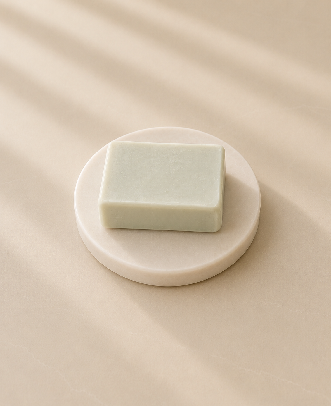 Eucalyptus & Mint handcrafted goat milk soap on a round marble soap dish placed on a smooth honed limestone surface with soft afternoon sunlight and elegant diagonal window shadows.