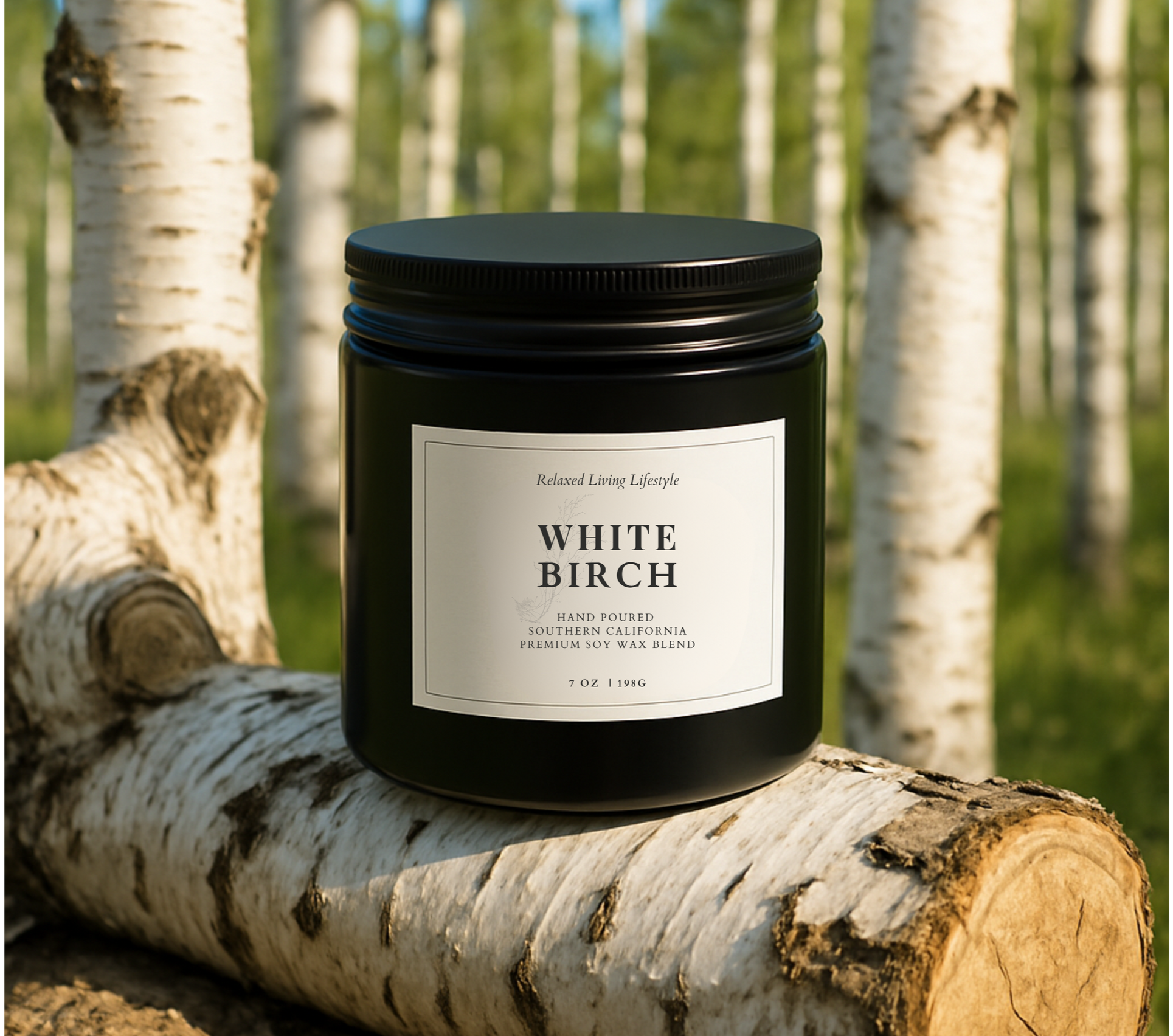 White birch candle with lid on and bestseller badge, shown in a clean black container