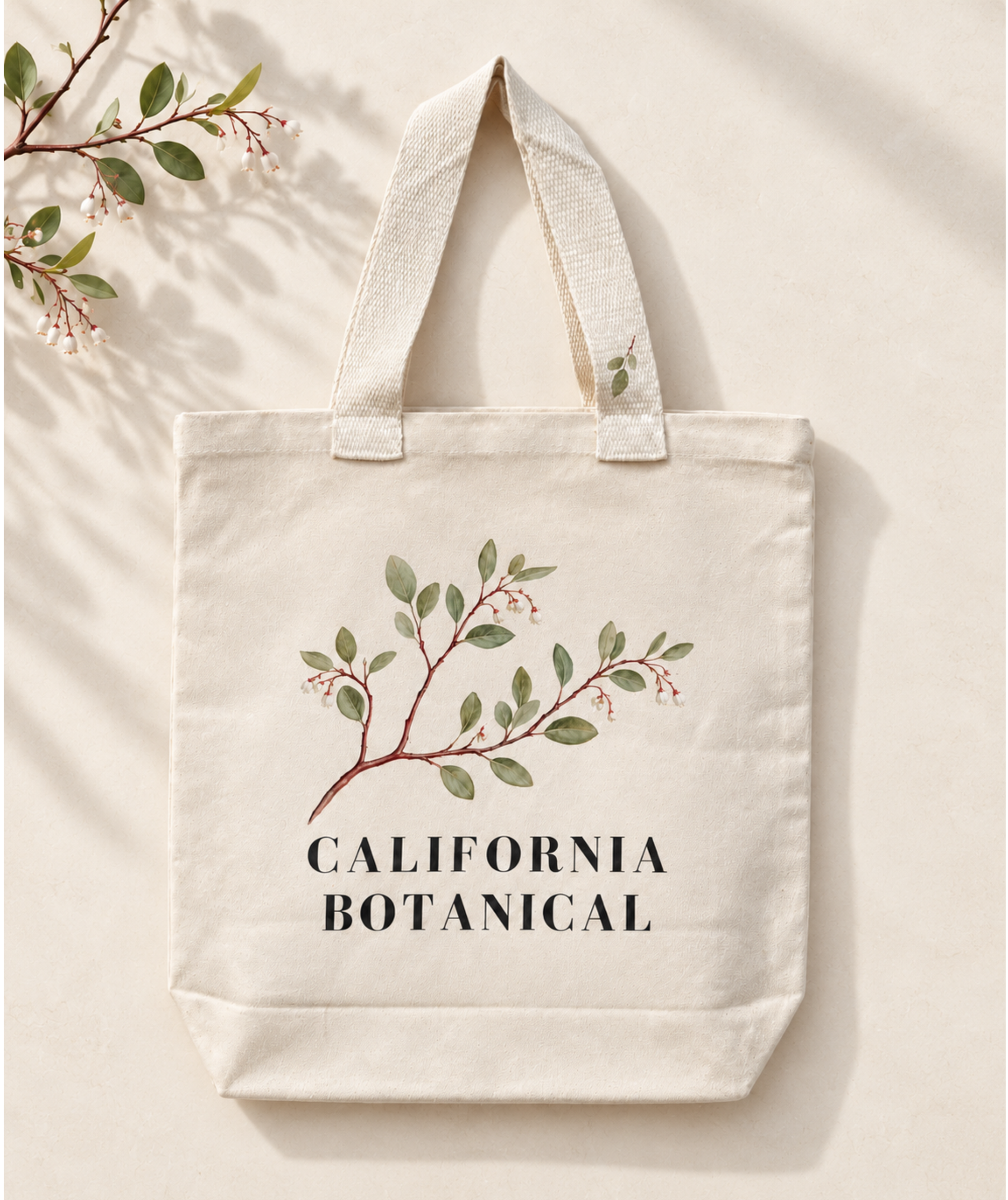 California Botanical Canvas Tote Bag in cream canvas with green botanical artwork and a coordinating leaf motif on the handle, against a neutral background.