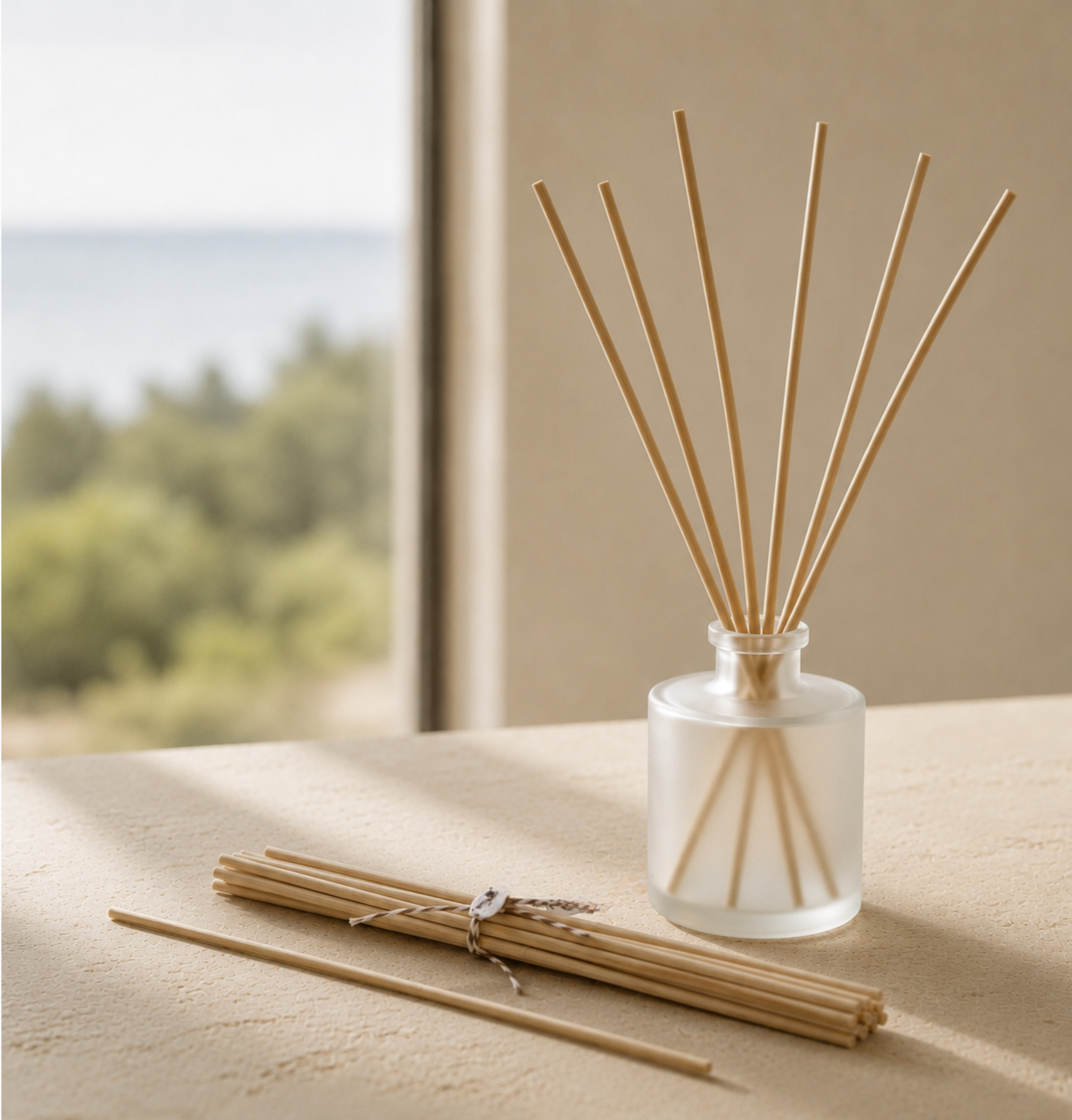 Natural replacement reed sticks with a frosted glass diffuser on a warm travertine surface in soft natural light.