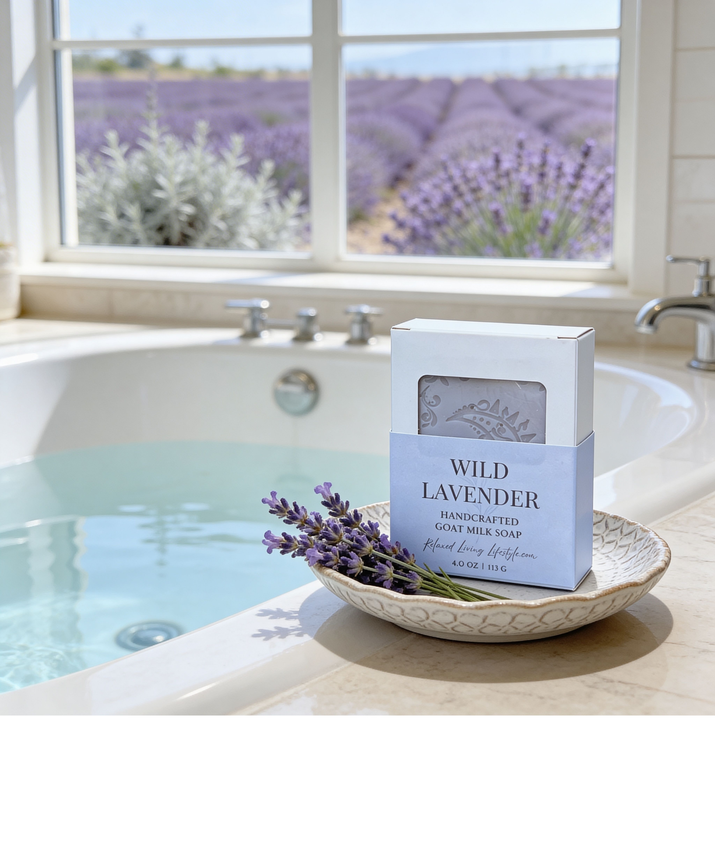 Lavender goat milk soap in a soap dish with fresh lavender sprigs, placed beside a soaking tub with water and large windows overlooking a blurred lavender field for a calming spa-like setting