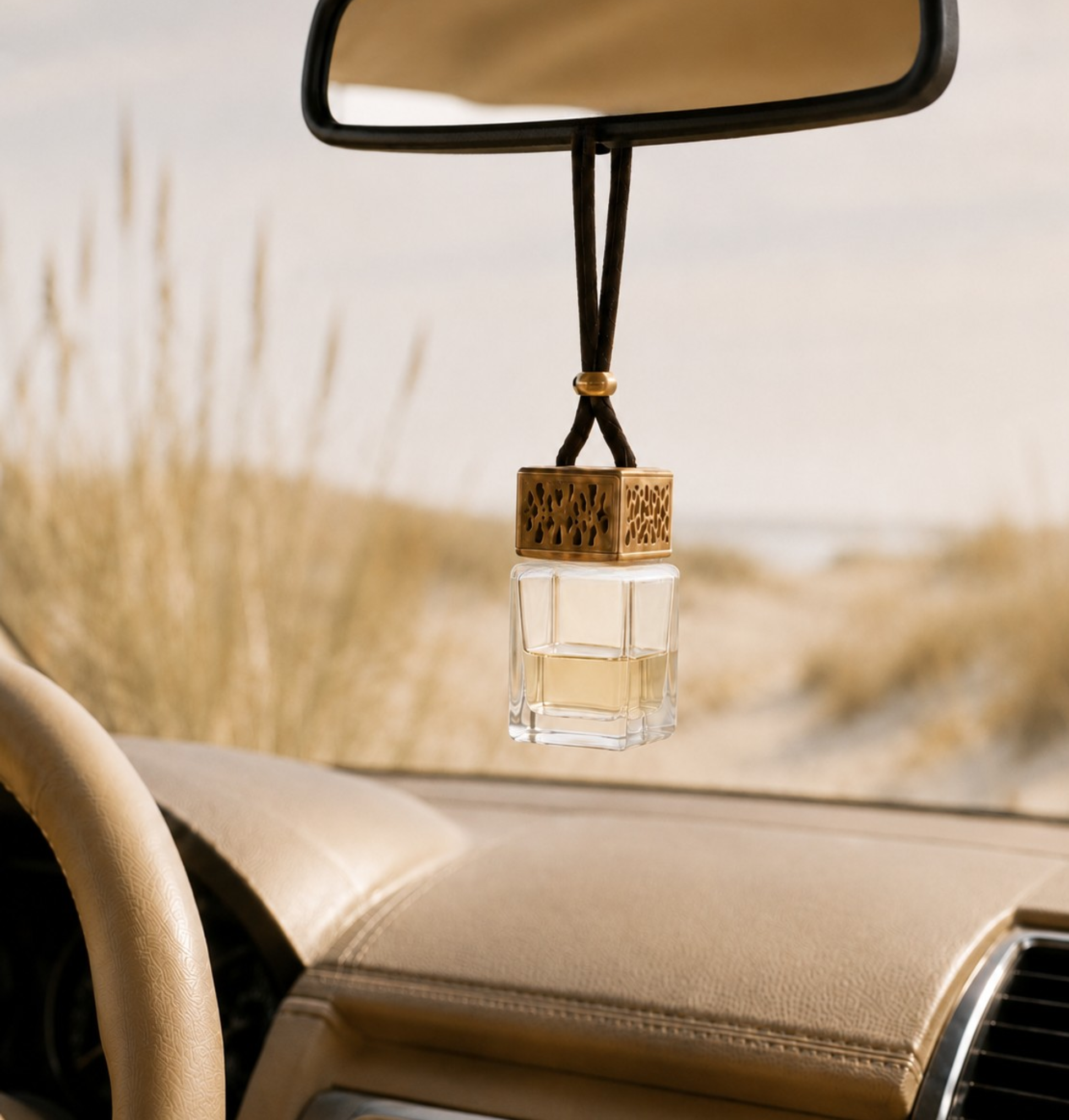 Coastal Dune car diffuser with a gold decorative cap and clear oil hanging from a rearview mirror inside a neutral car interior, with softly blurred dune grasses and sandy coastal landscape outside.