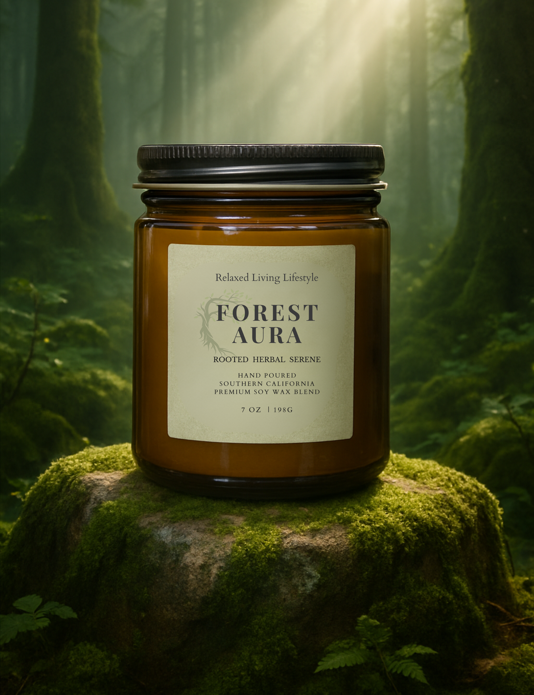 Forest Aura candle with earthy, herbal notes of peppercorn, sage, moss and patchouli sitting on a tree stump in a mystical forest setting