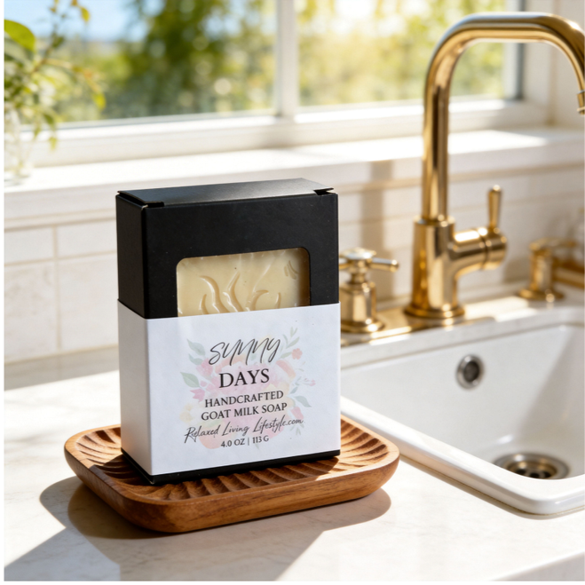 Sunny Days goat milk soap bar on a wooden soap dish beside a kitchen sink, styled with natural sunlight from a large window and soft greenery visible outside.