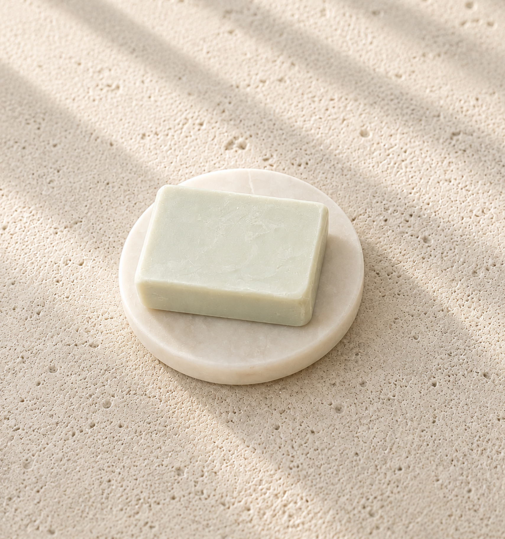 Single handcrafted goat milk and shea butter soap resting on a round marble soap dish on a light limestone surface with soft natural afternoon light.