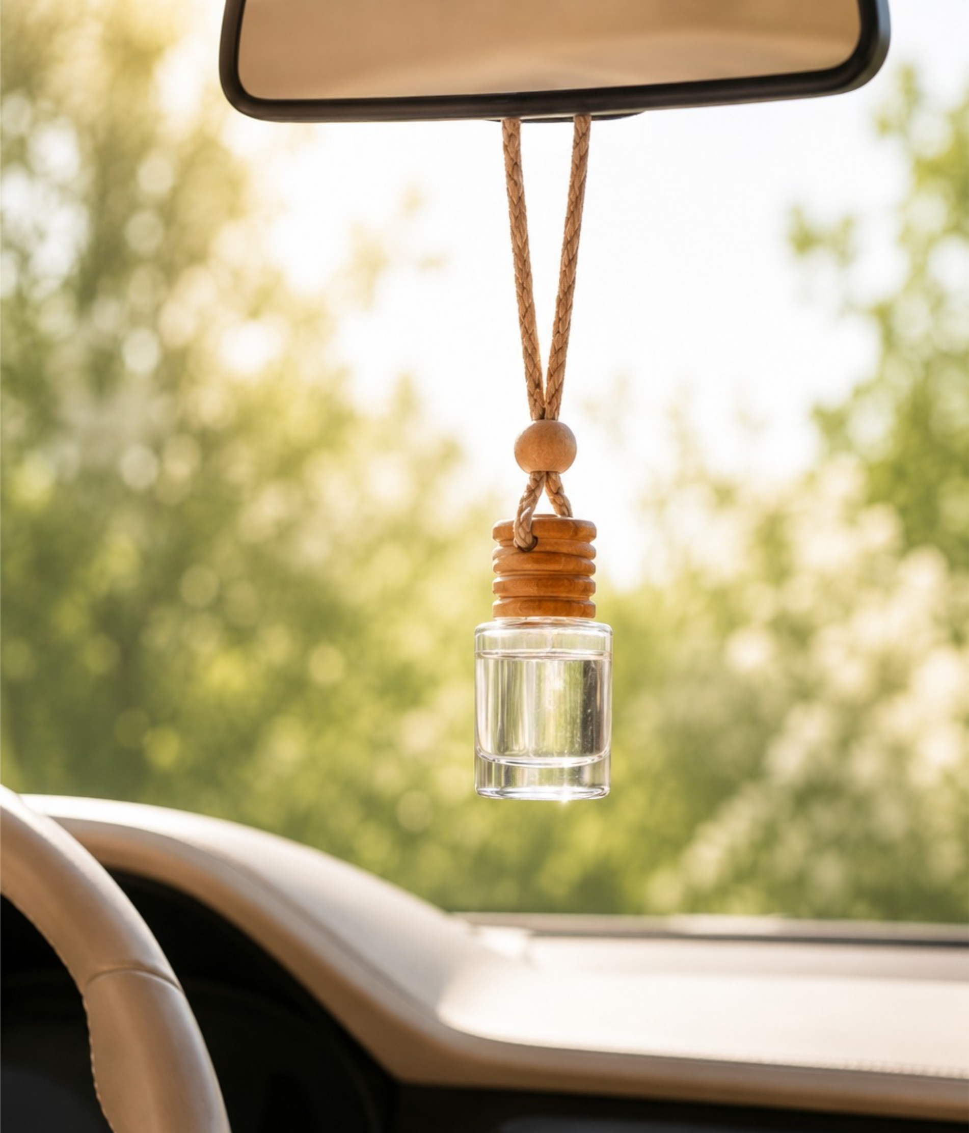 Solar Fleur car diffuser with light wood cap and clear oil hanging from a rearview mirror inside a neutral car interior, with softly blurred sunlit greenery outside.