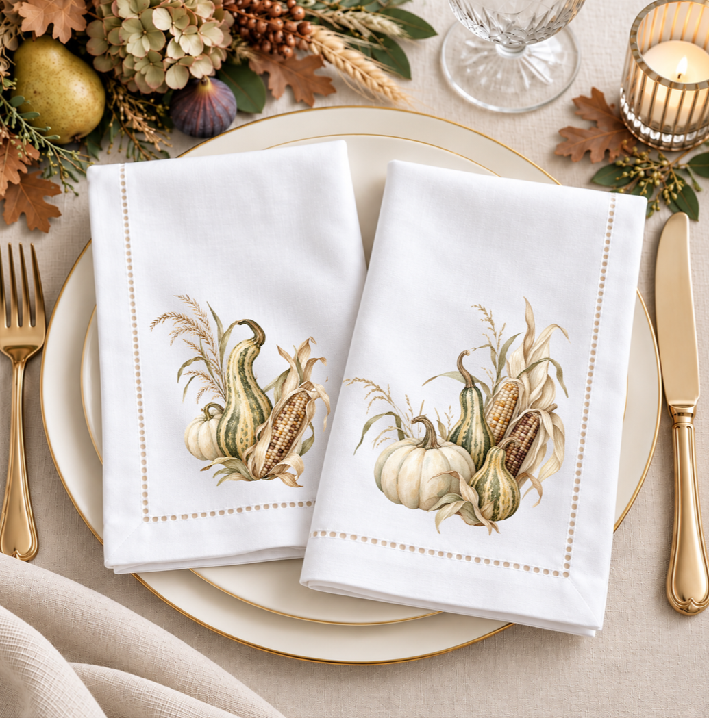 Two white hemstitched napkins with coordinating fall botanical designs arranged on a neutral place setting with gold flatware and autumn accents.